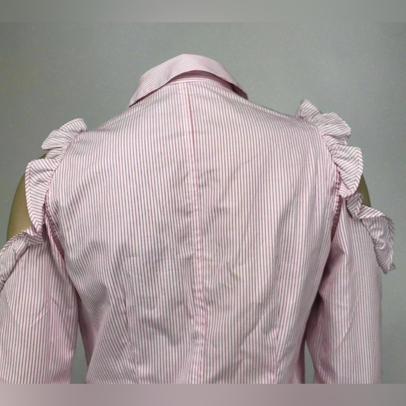 Nanette Lepore Cold Shoulder Pink Striped ButtonUp Top, Ruffled & Embroidered - Picture 4 of 10
